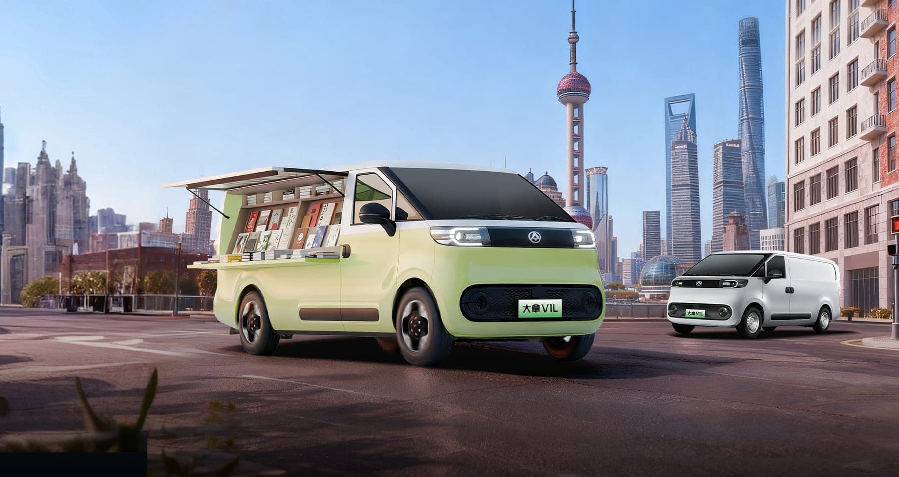 MAXUS Dana V1L Electric Van 2026 — فان بضائع كهربائي بقاعدة عجلات طويلة للتصدير, منظر جانبي في بيئة حضرية