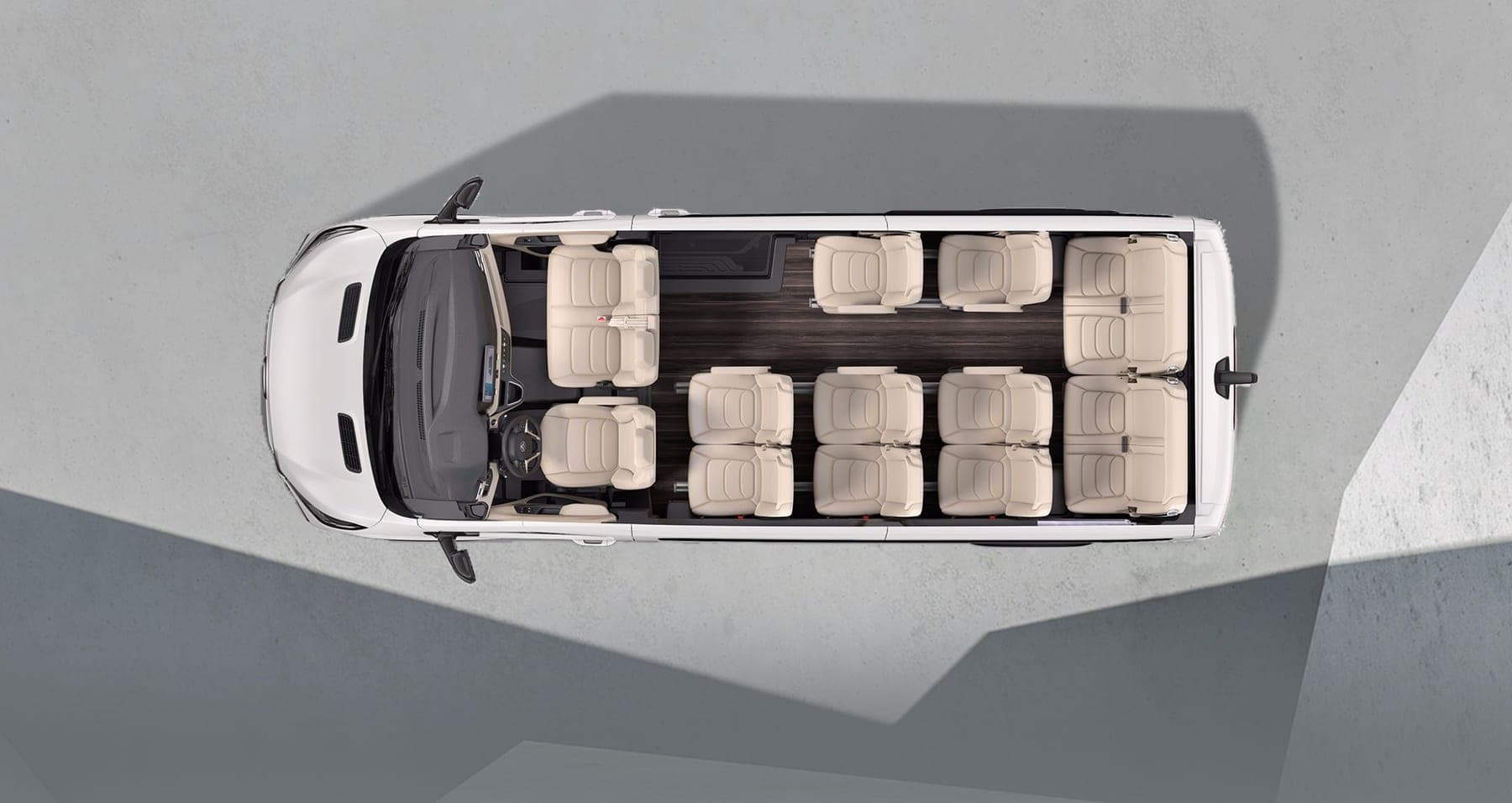 2026 MAXUS EV90 — Large Electric Van and 9–15 Seat Minibus for export, overhead view of the seating layout