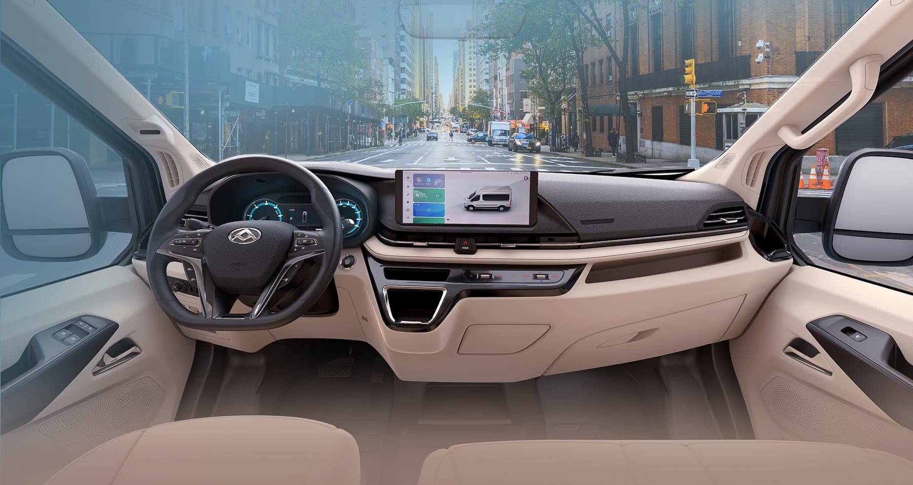 MAXUS EV90 2026 — فان كهربائي كبير وحافلة صغيرة من 9 إلى 15 مقعدًا للتصدير, لوحة القيادة وشاشة السائق