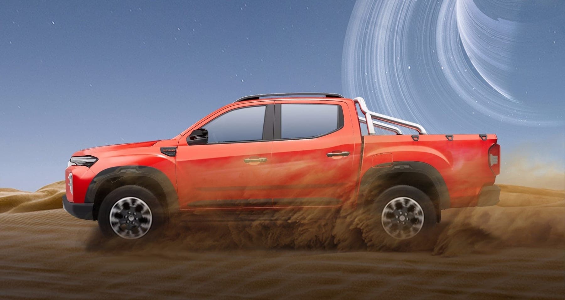 2026 MAXUS Interstellar L — Double Cab Diesel Pickup Truck for export, side view under load on sand