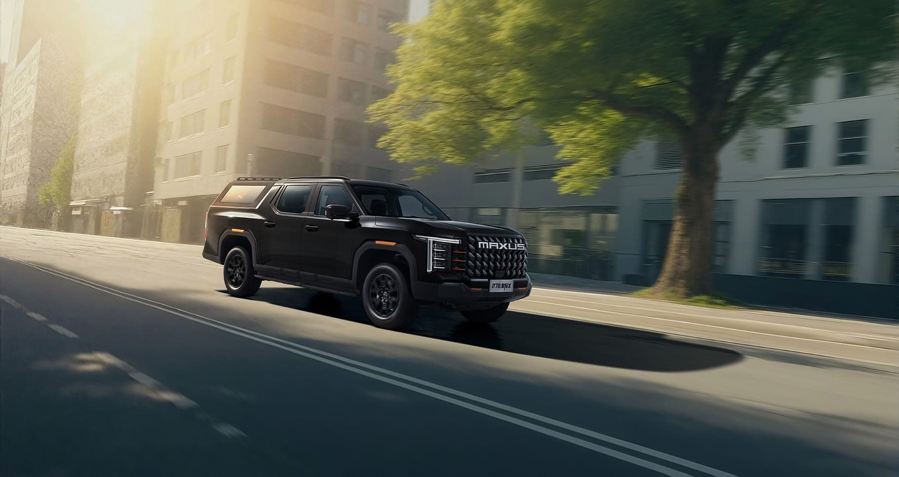 2027 MAXUS Interstellar X Passenger Edition — Double Cab Pickup Truck with Integrated Hardtop Canopy for export, front three-quarter view on a city street