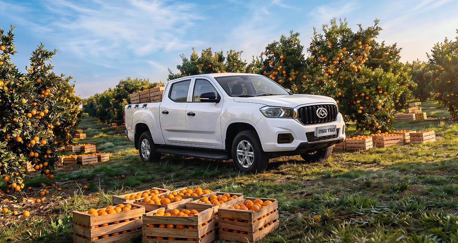 MAXUS T60 2026 — Pickup doble cabina para exportación, vista delantera tres cuartos en un huerto