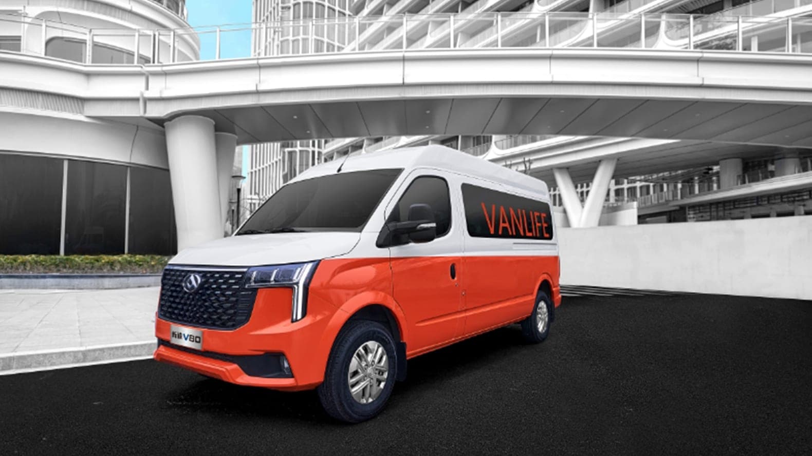 2026 MAXUS V80 PRO — Diesel Panel Van, Combi and Minibus for export, front three-quarter view under an overpass