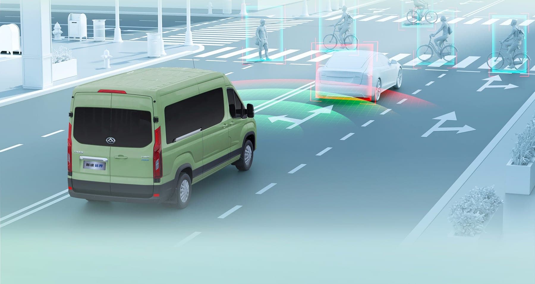 MAXUS Yuanjie DM-D Hybrid Van 2026 — فان هجين كبير وحافلة صغيرة للتصدير, منظر خلفي جانبي يوضح مراقبة المسار