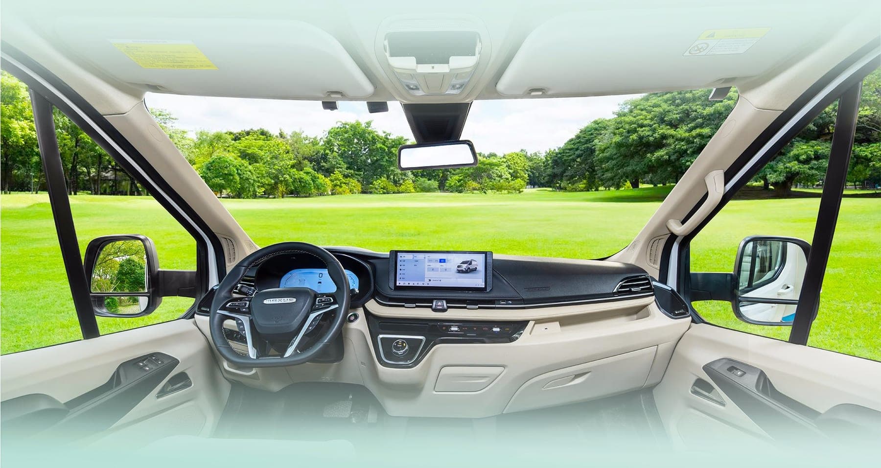MAXUS Yuanjie DM-D Hybrid Van 2026 — فان هجين كبير وحافلة صغيرة للتصدير, المقصورة الداخلية والرؤية الأمامية